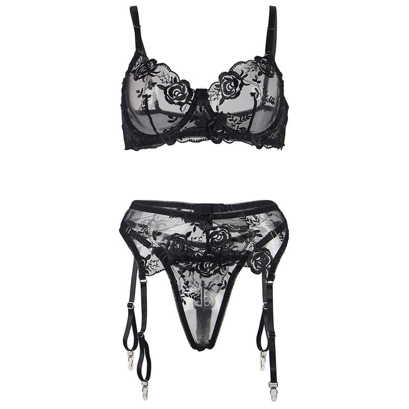 SUBBLIME - CONJUNTO DE 3 PEAS SUTI + TANGA + LIGA ESTAMPADO FLORAL PRETO L/XL