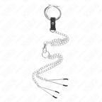 KINK - ANEL DE PÊNIS DE METAL TRIPLO CROMADO DE 3 CM A 4,5 CM COM CORRENTE DE METAL DE 26 CM E CLIPES DE MAMILO