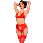CHILIROSE - CR 4848 CONJUNTO SUTIÃ DE RENDA VERMELHA + TANGA + MEIAS M