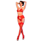 CHILIROSE - CR 4848 CONJUNTO SUTIÃ DE RENDA VERMELHA + TANGA + MEIAS M