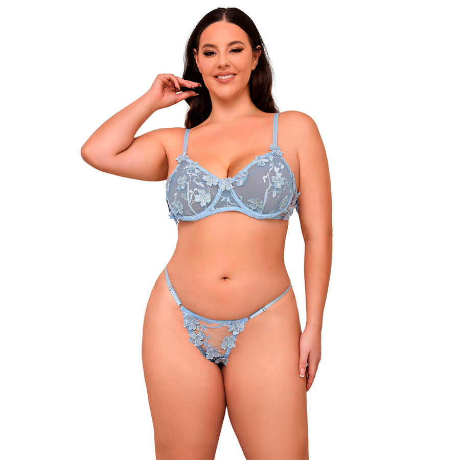 SUBBLIME - 957636 CONJUNTO DE SUTIÃ E CALCINHA BORDADOS COM FLORES AZUL CELESTE L/XL