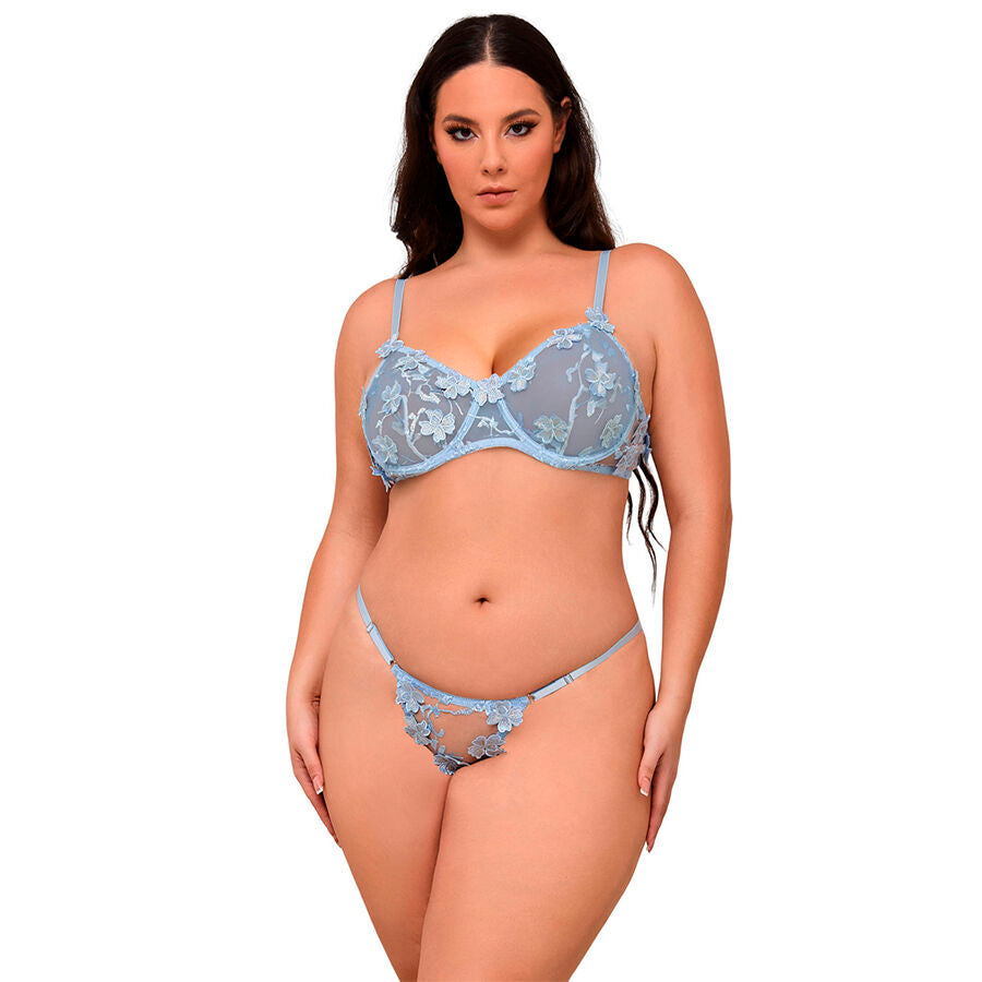 SUBBLIME - 957636 CONJUNTO DE SUTIÃ E CALCINHA BORDADOS COM FLORES AZUL CELESTE L/XL