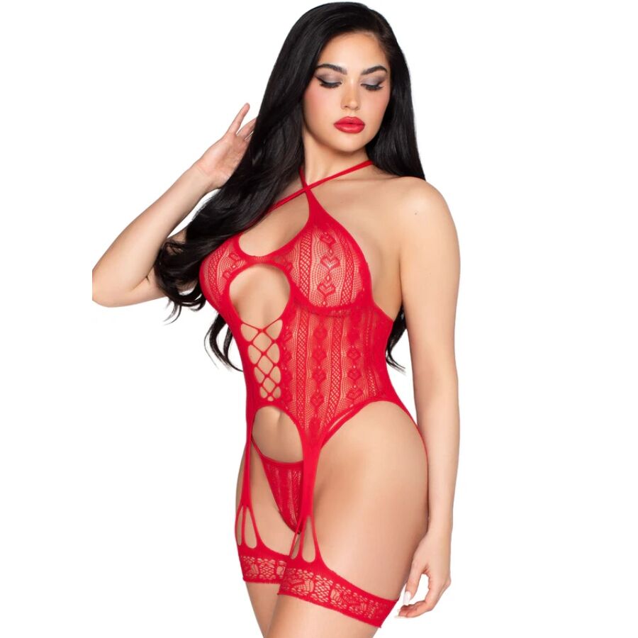 LEG AVENUE - 89338 BODY ABERTO DE RENDA COM CINTA-LIGA + TANGA VERMELHA - TAMANHO ÚNICO