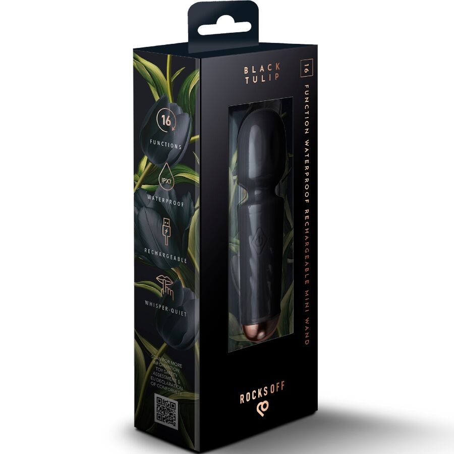 ROCKS-OFF - MINI VARINHA RECARREGÁVEL COM 16 FUNÇÕES, TULIPA PRETA