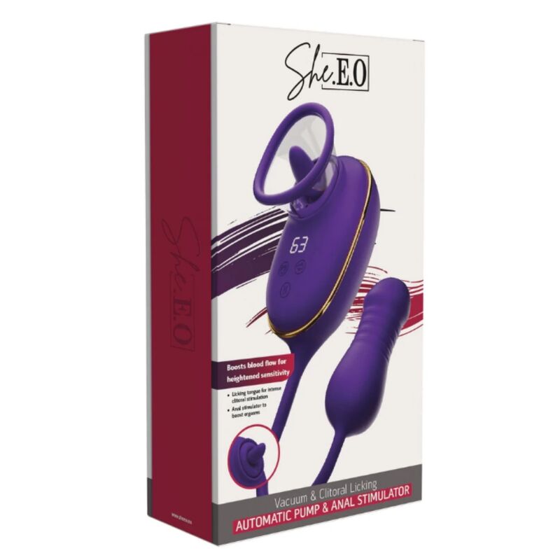 SHE.E.O - APARELHO DE SUCÇÃO CLITORIANA COM EFEITO DE LAMBIDA E ESTIMULADOR ANAL ROXO