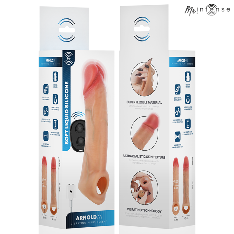 MR INTENSE - CAPA DE SILICONE PARA PÊNIS COM VIBRADOR ARNOLD M E CONTROLE REMOTO 14,5 CM -Ø- 4 CM