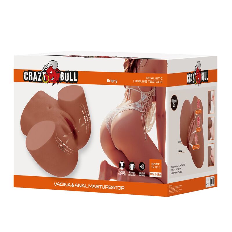 CRAZY BULL - MASTURBADOR REALISTA COM TORSO FEMININO, DUPLA ENTRADA COM VIBRAÇÃO E SUCÇÃO, COR NATURAL