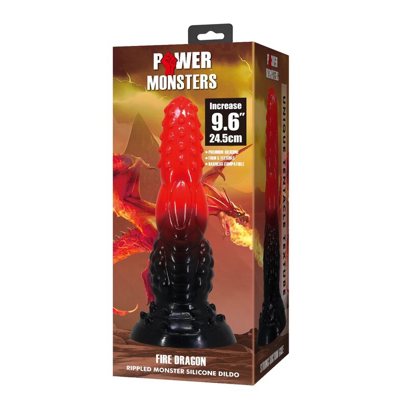 POWER MONSTERS - DILDO DE FANTASIA DRAGÃO DE FOGO COM VENTOSA 24,5 CM Ø 5,8 CM VERMELHO E PRETO