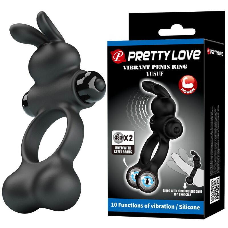 PRETTY LOVE - ANEL PENIANO VIBRATÓRIO COM ESTIMULADOR DE COELHINHO, 10 FUNÇÕES, PRETO