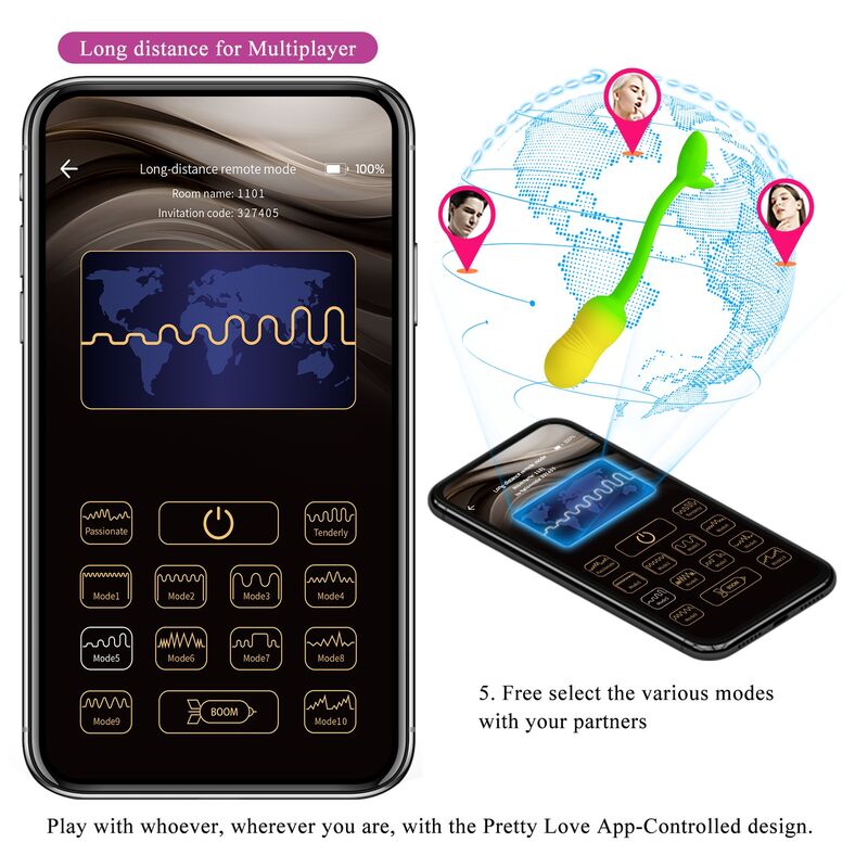 PRETTY LOVE - OVO VIBRATÓRIO COM CONTROLE POR APLICATIVO PULSEN, 12 FUNÇÕES, RECARREGÁVEL VIA USB, VERDE-AMARELO