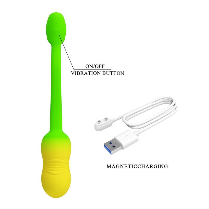 PRETTY LOVE - OVO VIBRATÓRIO COM CONTROLE POR APLICATIVO PULSEN, 12 FUNÇÕES, RECARREGÁVEL VIA USB, VERDE-AMARELO