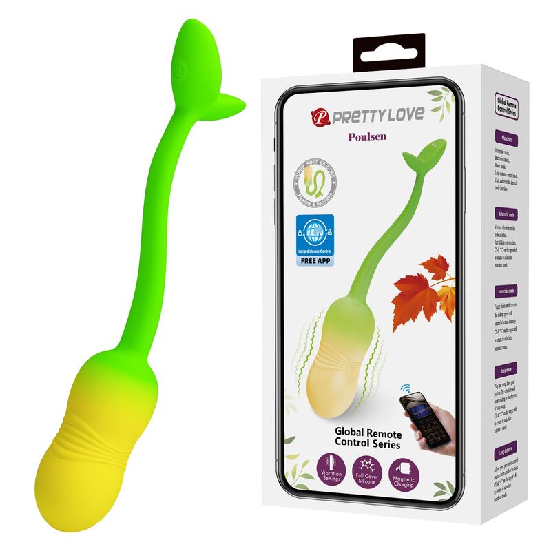 PRETTY LOVE - OVO VIBRATÓRIO COM CONTROLE POR APLICATIVO PULSEN, 12 FUNÇÕES, RECARREGÁVEL VIA USB, VERDE-AMARELO