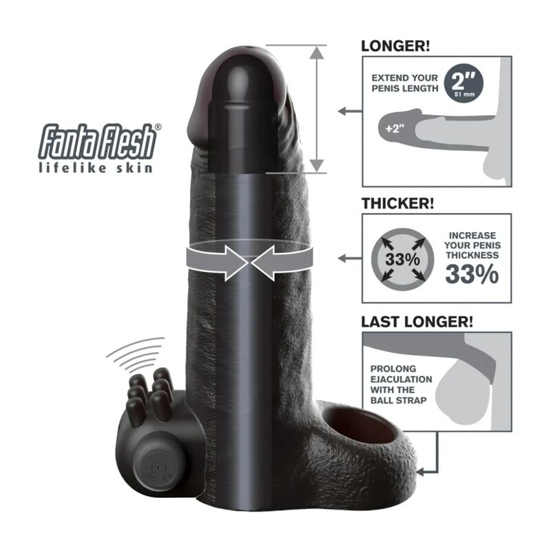 FANTASY X-TENSIONS - MANGA EXTENSORA DE PÊNIS VIBRATÓRIA COM SENSAÇÃO REALISTA DE 5CM PRETA