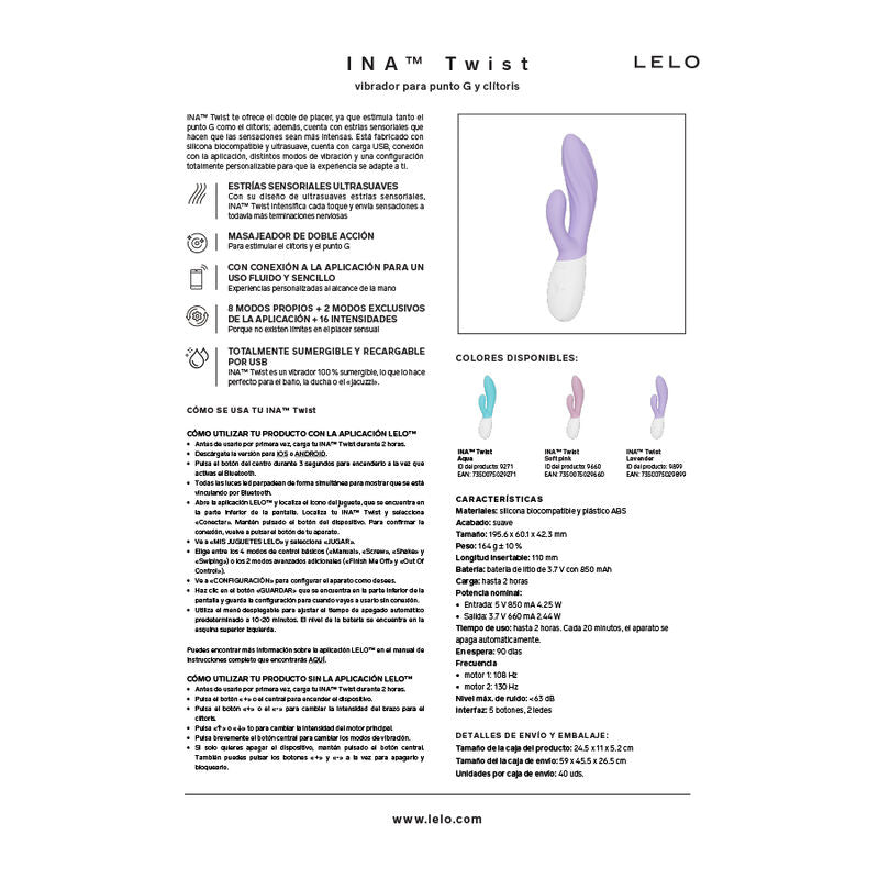 LELO - INA TWIST VIBRADOR DUPLO COELHO PARA PONTO G E CLITÓRIS AZUL