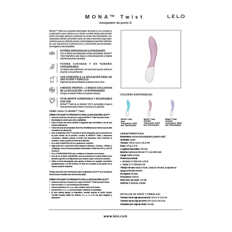 LELO - MONA TWIST VIBRADOR DE PONTO G RECARREGÁVEL COM CONTROLE POR APLICATIVO LAVANDA