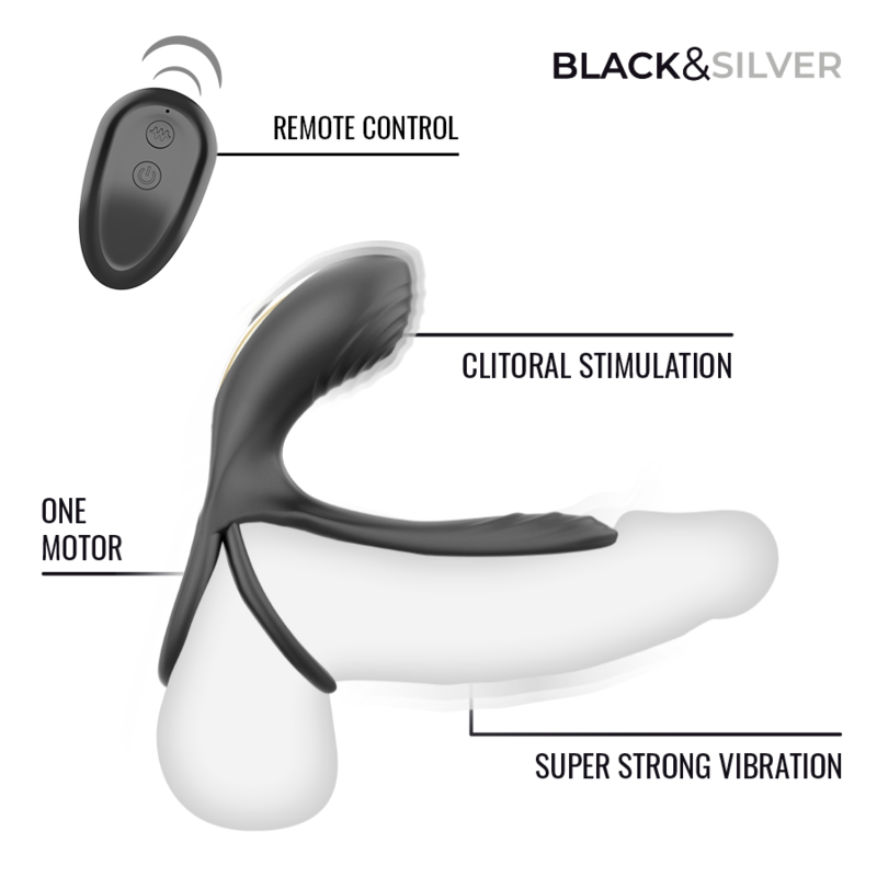 BLACK &amp; SILVER - ANEL VIBRATÓRIO RECARREGÁVEL RIPLEY PRETO E PRATEADO COM CONTROLE REMOTO