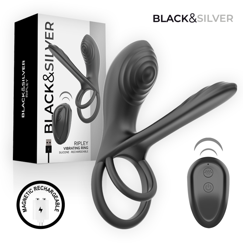 BLACK &amp; SILVER - ANEL VIBRATÓRIO RECARREGÁVEL RIPLEY PRETO E PRATEADO COM CONTROLE REMOTO