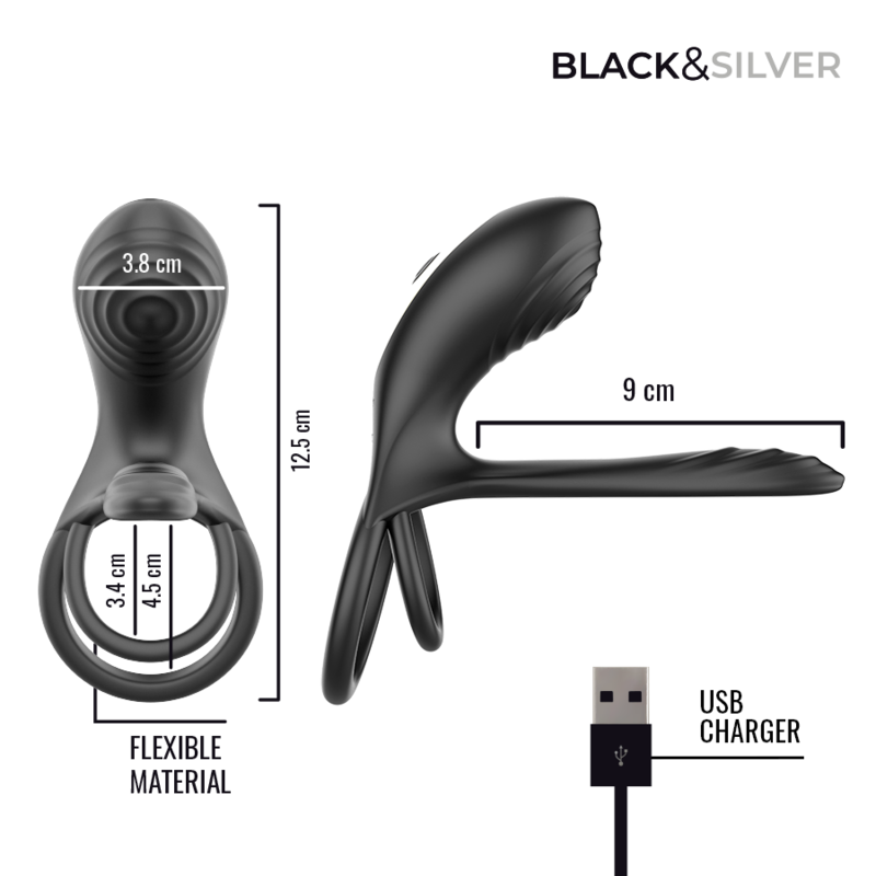 BLACK &amp; SILVER - ANEL VIBRATÓRIO RECARREGÁVEL RIPLEY PRETO E PRATEADO COM CONTROLE REMOTO