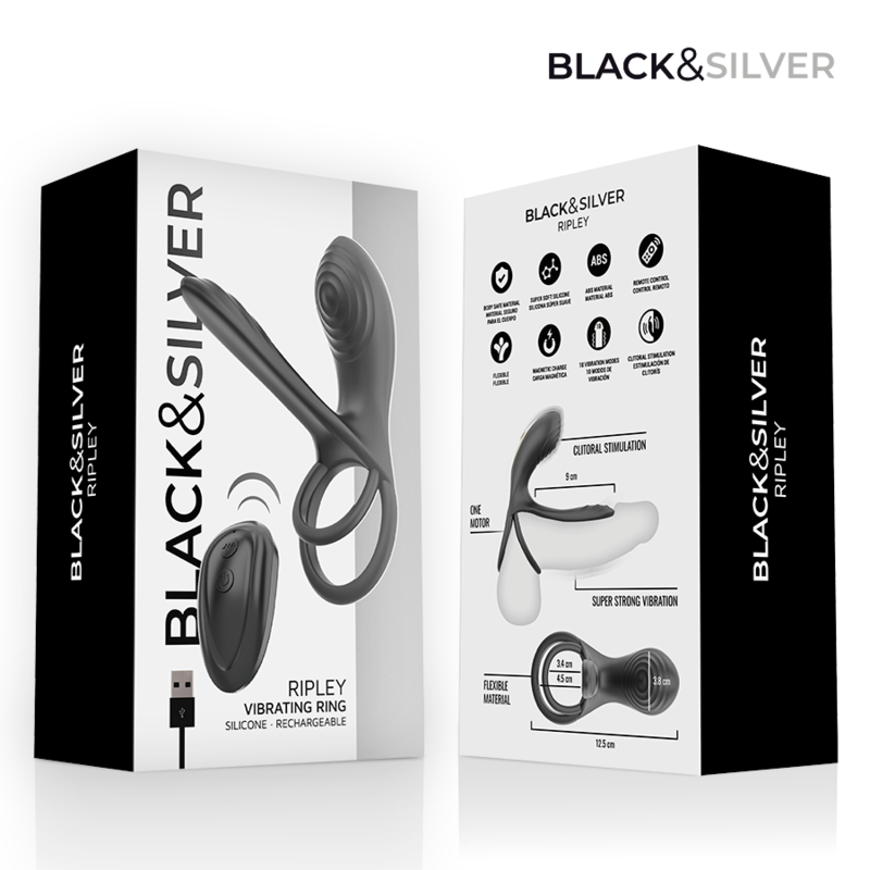 BLACK &amp; SILVER - ANEL VIBRATÓRIO RECARREGÁVEL RIPLEY PRETO E PRATEADO COM CONTROLE REMOTO