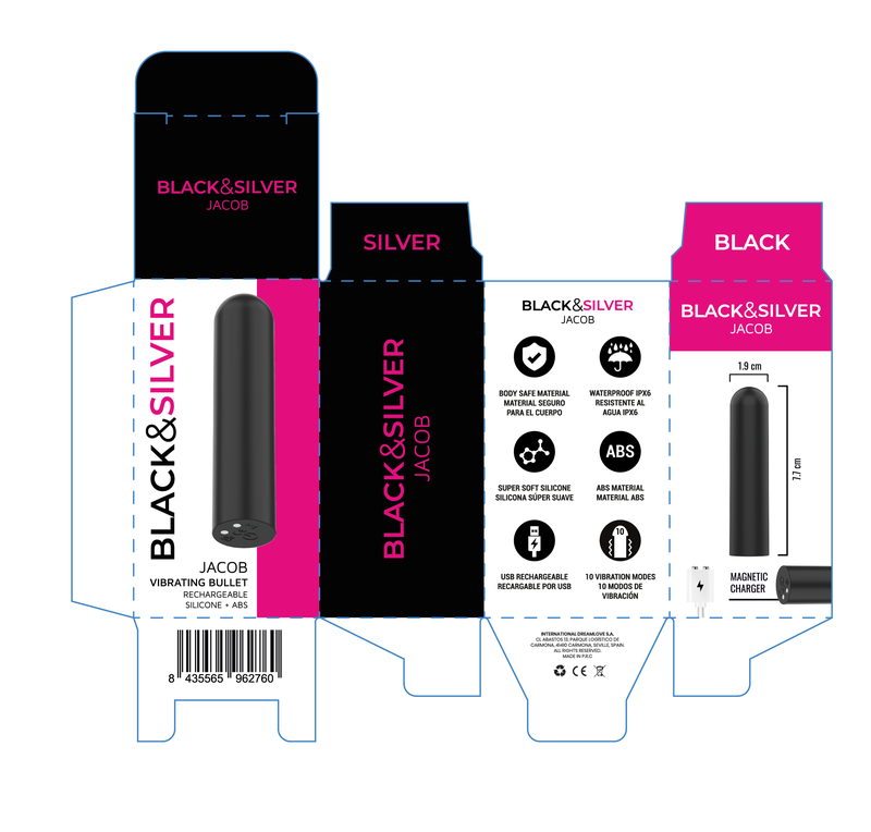 BLACK &amp; SILVER - JACOB VIBRATÓRIO BULLET RECARREGÁVEL POR USB PRETO