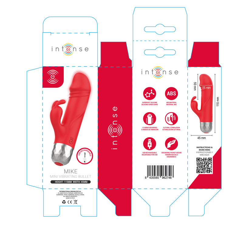 INTENSE - MIKE MINI VIBRADOR COELHO RECARREGÁVEL USB VERMELHO
