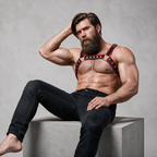 FETISH SUBMISSIVE ATTITUDE - PEITORAL DE COURO ECOLÓGICO MASCULINO BULLDOG ARNÊS PRETO/VERMELHO