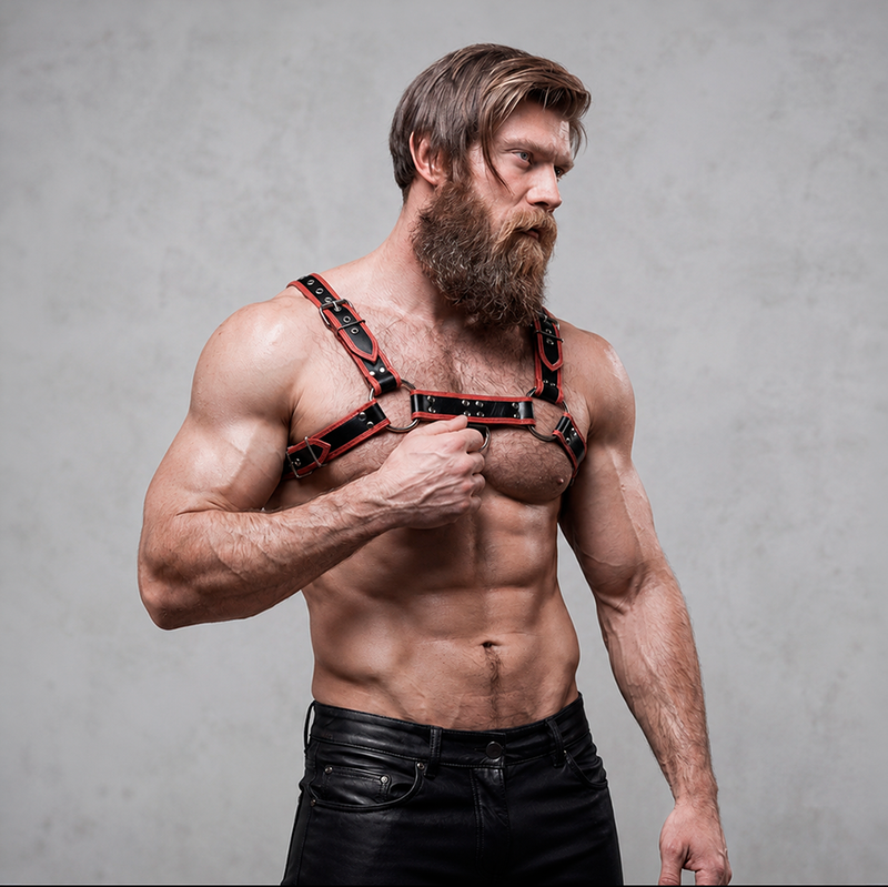 FETISH SUBMISSIVE ATTITUDE - ARNÊS DE PEITORAL DE COURO ECOLÓGICO MASCULINO PRETO/VERMELHO