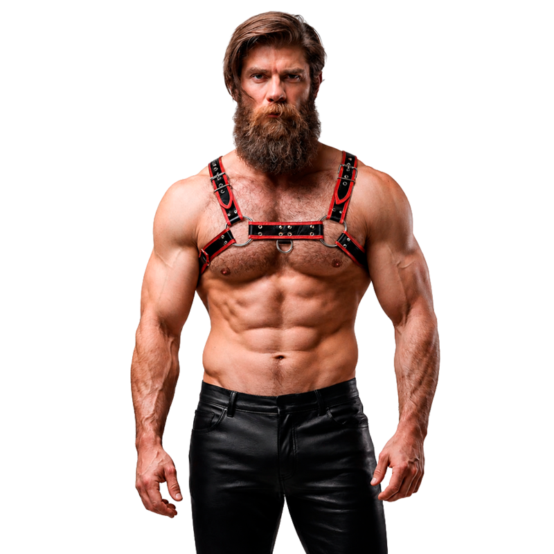 FETISH SUBMISSIVE ATTITUDE - ARNÊS DE PEITORAL DE COURO ECOLÓGICO MASCULINO PRETO/VERMELHO