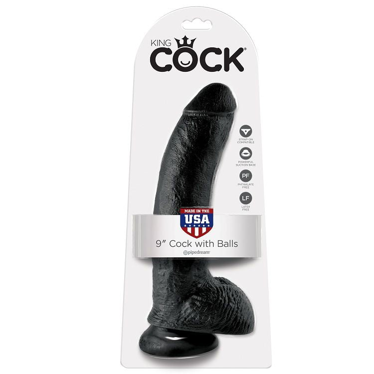 KING COCK - DILDO PRETO COM BOLAS 22.9 CM