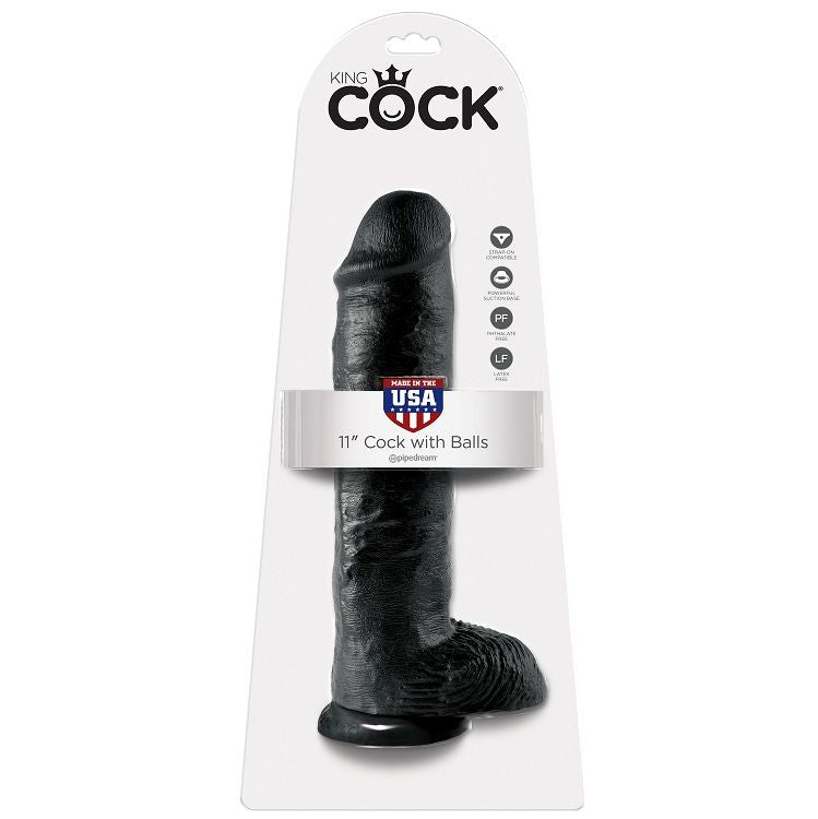 KING COCK - DILDO PRETO COM BOLAS 28 CM
